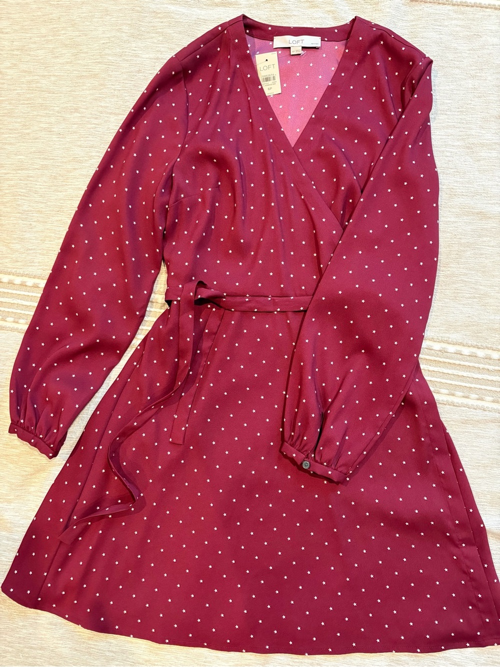 LOFT Petite Burgundy Long Sleeve Wrap Dress with Tiny Star Polka Dot Print